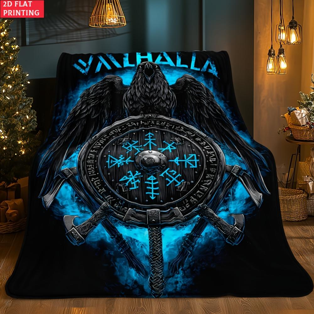Viking Valhalla Raven Shield Flannel Throw Blanket Nordic Rune Axe Blue Smoke Print Warm Gift Blanket