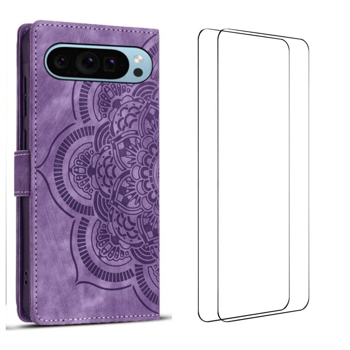 

For Google Pixel 9 Case with 2Pcs Tempered Glass WANLONFENG MTL Series Mandala Leather Phone Cover Purple