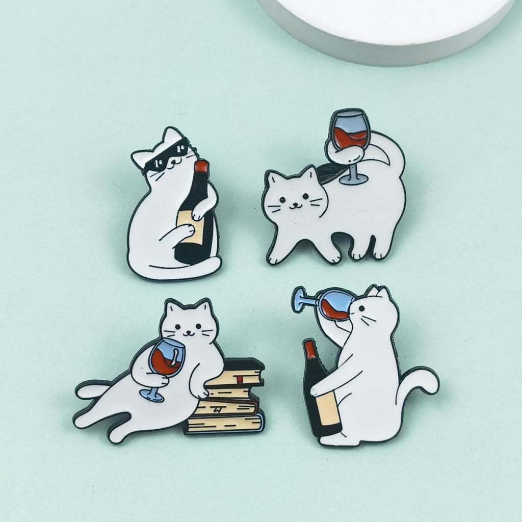 Adorable White Cat Drinking Alcohol Brooch - Cartoon Badge for Backpacks and Accessories