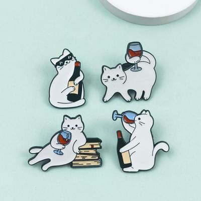 Adorable White Cat Drinking Alcohol Brooch - Cartoon Badge for Backpacks and Accessories