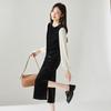 French Splicing Velvet Round Neck Long Sleeved Dress with 2025 Autumn Temperament Versatile Mid Length Slit Skirt