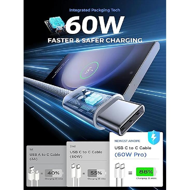 1M 1.5M 3M Type C to Type C Color Cable For PD 60W Fast Charging Cable For iPhone 15 Series Samsung Xiaomi Type-C Weaving Cable