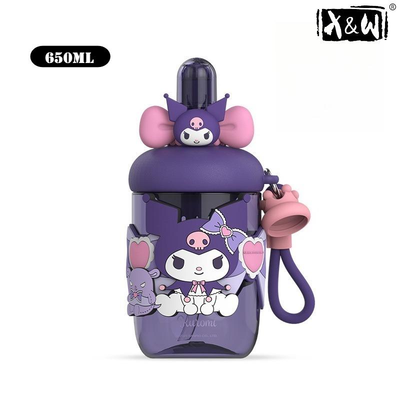 

X&W 650ML for Sanrio Kuromi Water Bottle Straw Cup with Cartoon Lid Home Portable Cups Office Use PP Material Water Cup