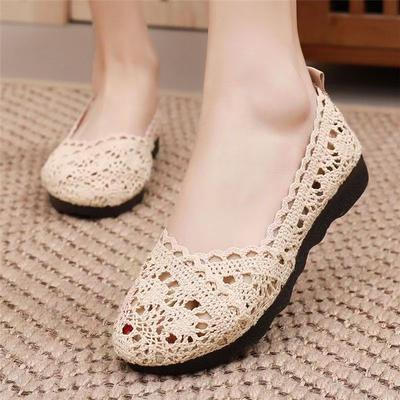 Damen Sommerschuhe Flache Sohle Große Größe Durchbrochene Spitze Nude Farbe Weiche Sohle Rutschfest Atmungsaktiv Flach zum Hineinschlüpfen Runde Spitze Sandalen