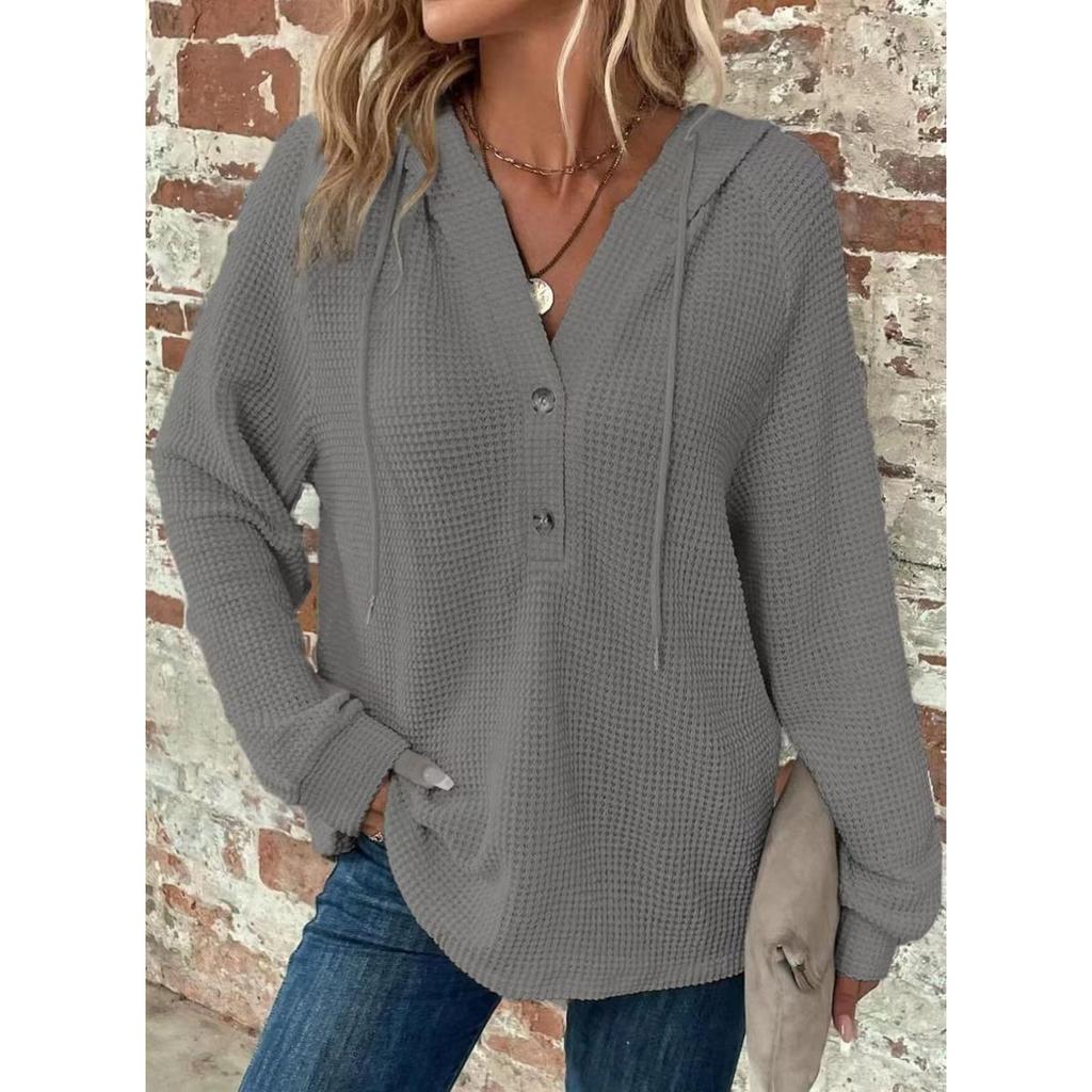 Women's Hoodies, Waffles, Knitwear, Drawstring, Button V-neck, Long Sleeves, Pullovers, Casual, Sports Hoodies
