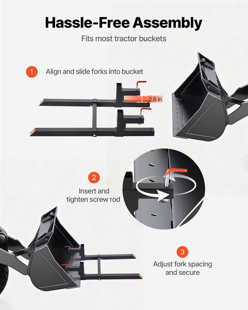 Pallet Forks, 907 Kg Clamp On Pallet Forks, 109 Cm Total Length Heavy-Duty Tractor Fork with Adjustable Stabilizer Bar for Tractor Attachments, Loader