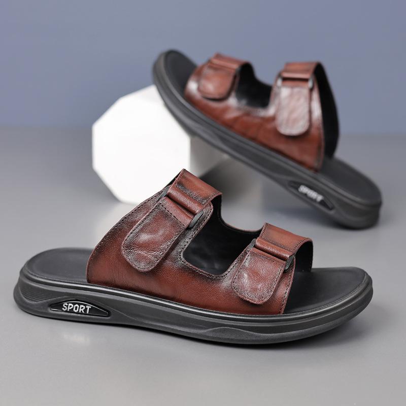 

Summer first layer cowhide men s leather slippers genuine leather sandals outdoor sandals wear-resistant breathable one-word drag men s shoes trade 44