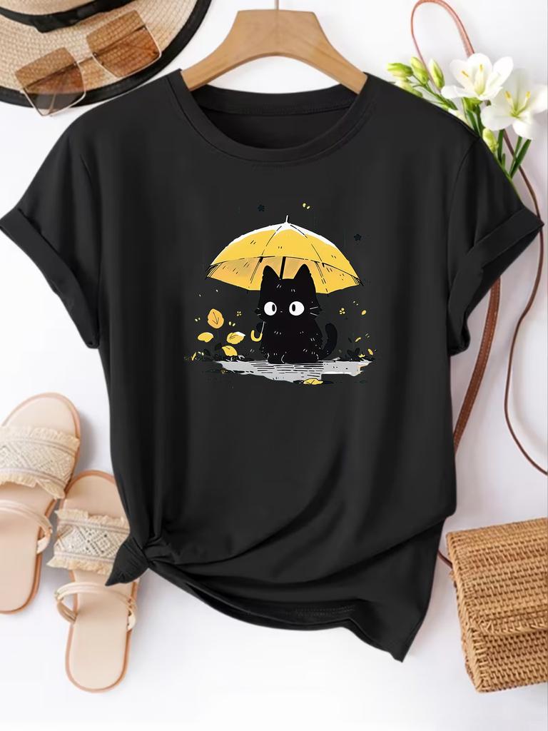 Women's Kitten & Yellow Umbrella Print T-Shirt - Spring Summer Casual Short Sleeve Blouse Top with, Round Neck Suitable for Daily Wear,