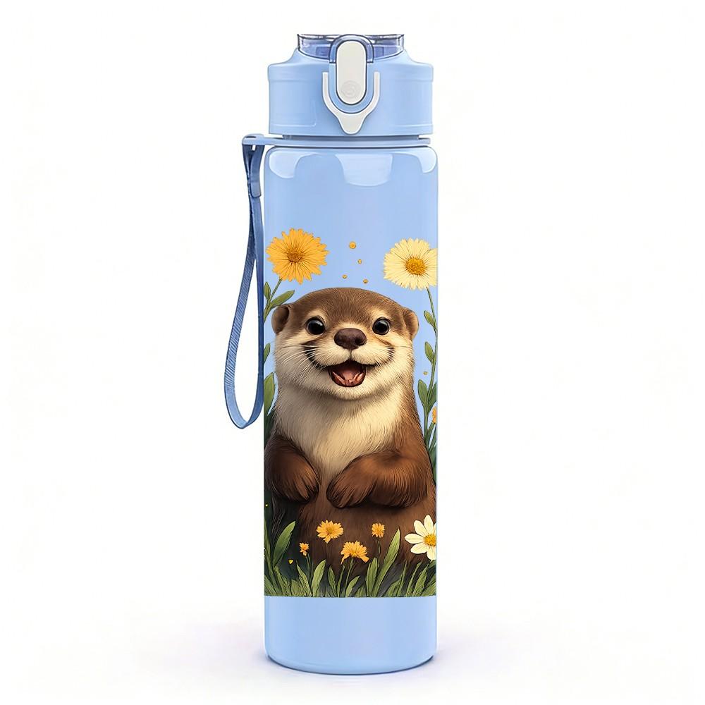 1PC Sunflower Otter Cartoon 750ml Color Plastic Sports Water Bottle Leakproof Flip Straw Lid Suitable for Sports Office Home Use