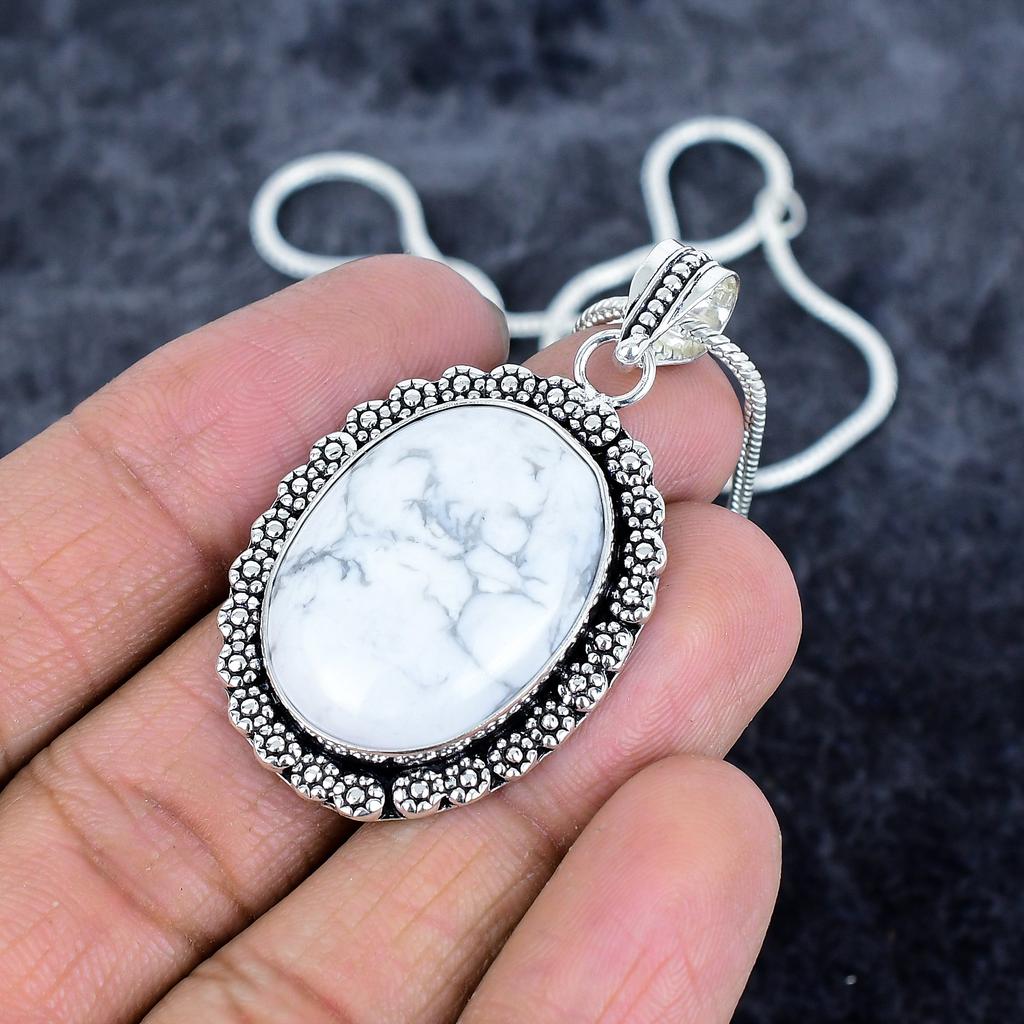 Howlite Jasper Gemstone Handmade 925 Sterling Silver Jewelry Pendant 1.97" M-2977