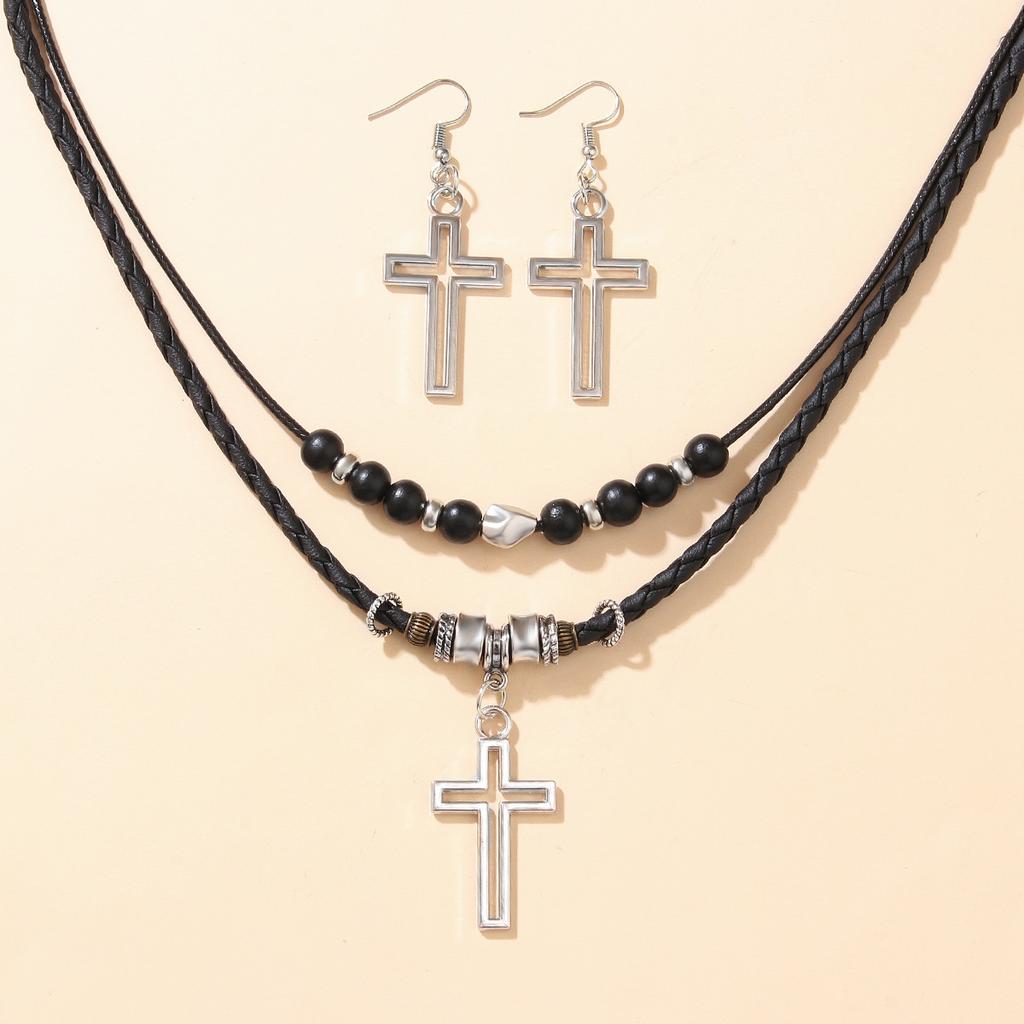 Trendy Five Leaf Clover Beaded Necklace And Earrings Set With Braided Wax Cord Pendant For Casual Everyday Wear