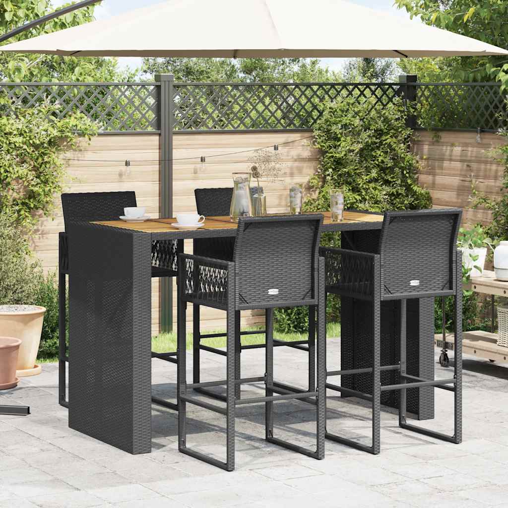5 Piece Garden Bar Set without Cushions Black PE Rattan Acacia