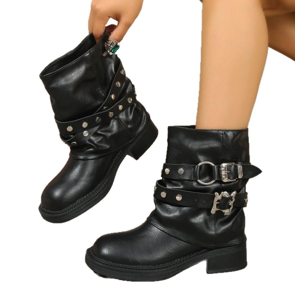 European and American punk style thick-soled thick-heeled trouser boots women's new retro short boots rivet knight fashion boots