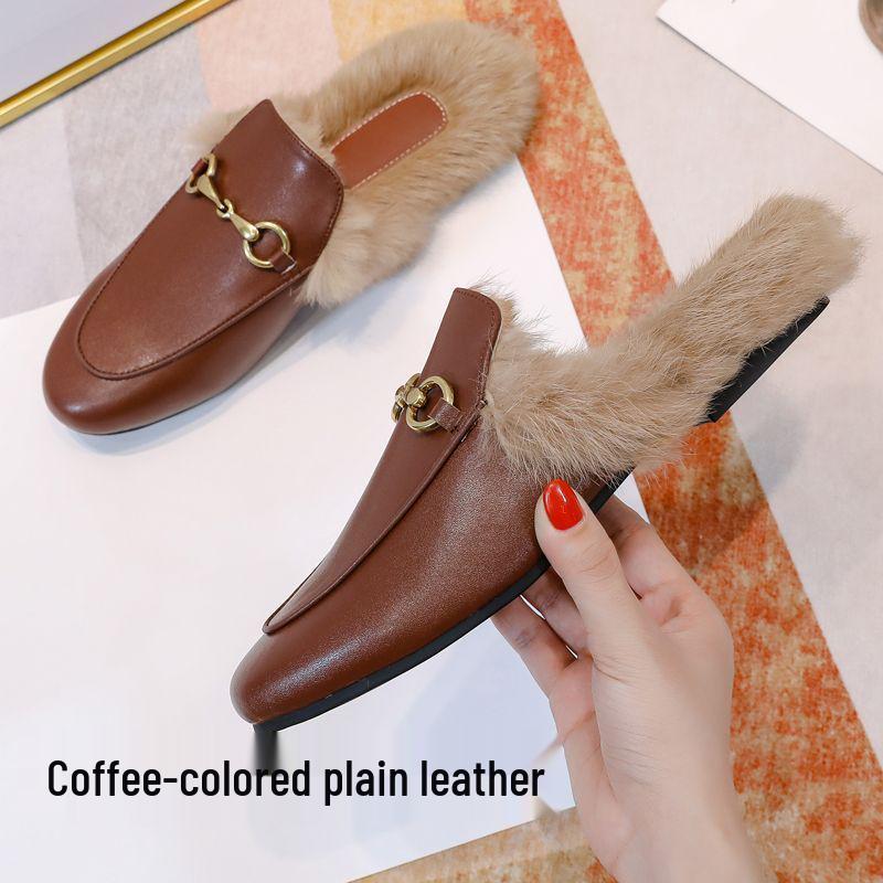 

Черные женские пушистые мюли-тапочки: Осень/Зима 2025, Кроличий мех, Закрытый носок, Стильные и Уютные Size 40