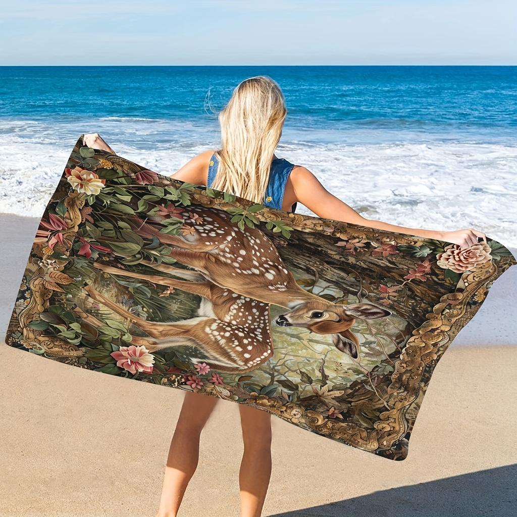 Tier-Pflaumen-Hirsch-Muster Mikrofaser Strandtuch, Schnelltrocknend Sandfrei für Yoga Fitness Schwimmen Camping