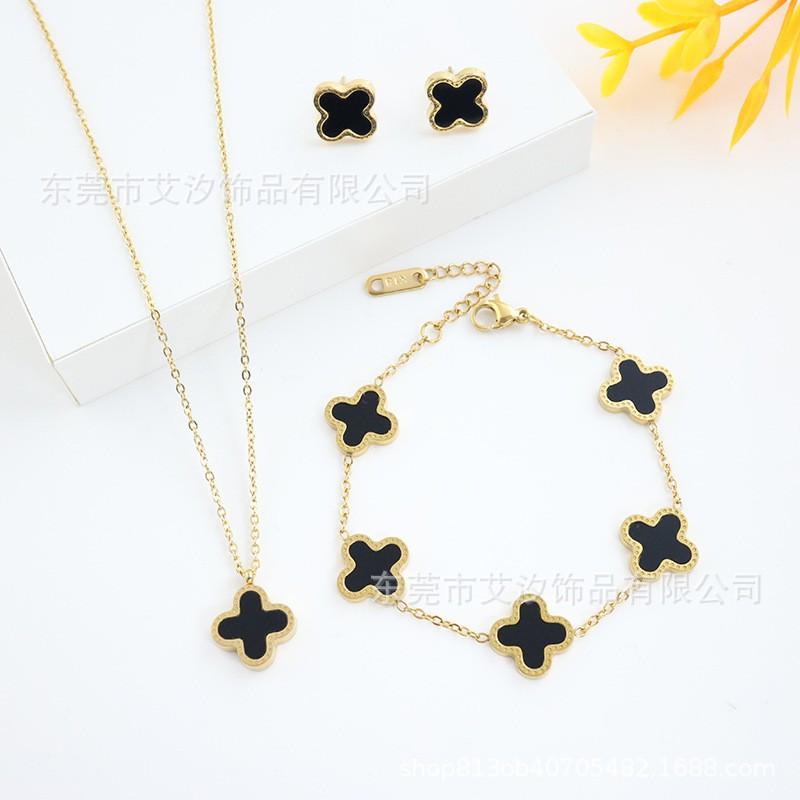 13mm Lucky Clover Floral Set Necklace Bracelet Earrings Titanium Steel 18K Plated Fashion Jewelry Women Men