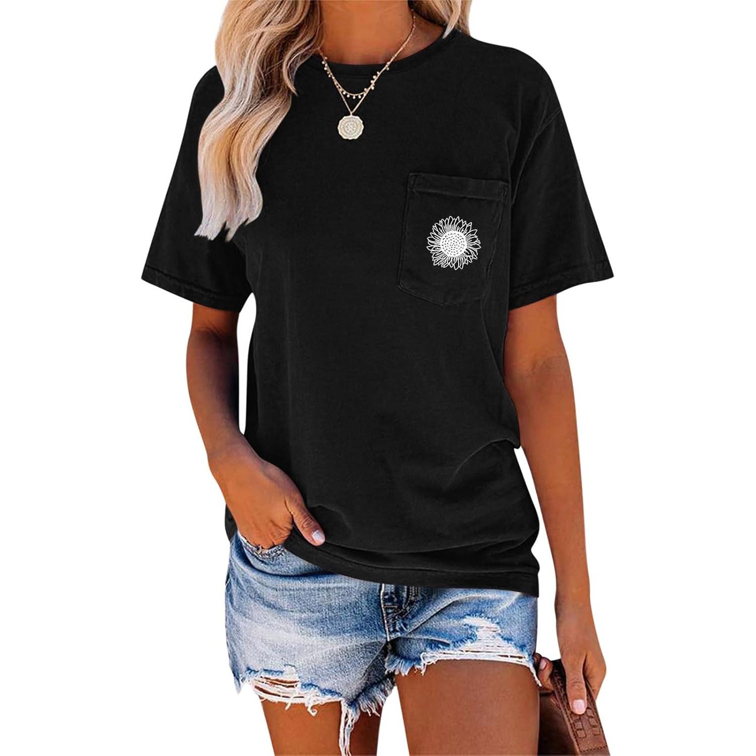 

EADINVE Women s Crew Neck Short Sleeve Summer Sunflower Graphic Printed Tee Vintage T-Shirt with Pockets Loose Fitting Tops S чёрный