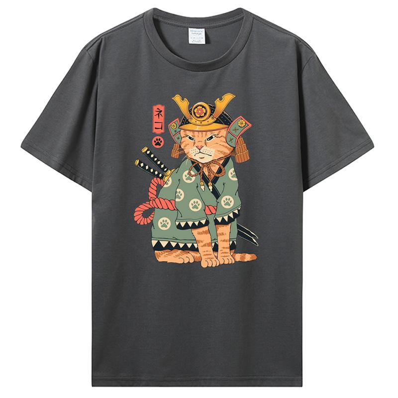 Summer New Men Japanese Samurai Cat Graphic T Shirt Fashion Casual Personality Cool T-shirt Print Cotton Tees Tops