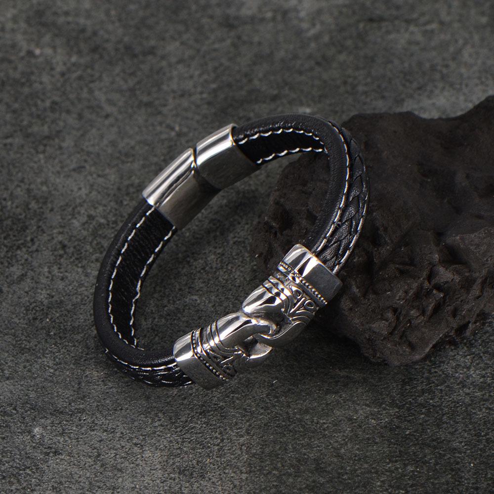 Men's Titanium Steel Black Leather Rope Woven Bracelet Bracelet European and American Simple Style