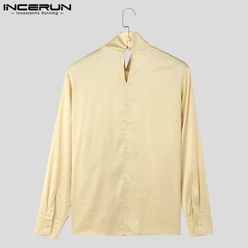 INCERUN Men Mockneck Long Sleeve Layers Irregular Ruffled Satin Shirts