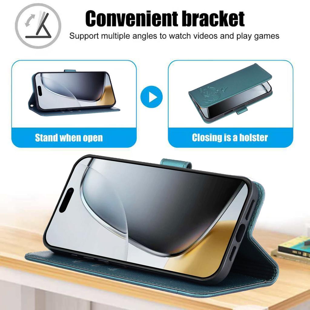 Für iPhone 17 Pro Hülle RFID-blockierende Geldbörse Ständer Geprägtes Katzenmuster Leder Klapphandyhülle mit Armband