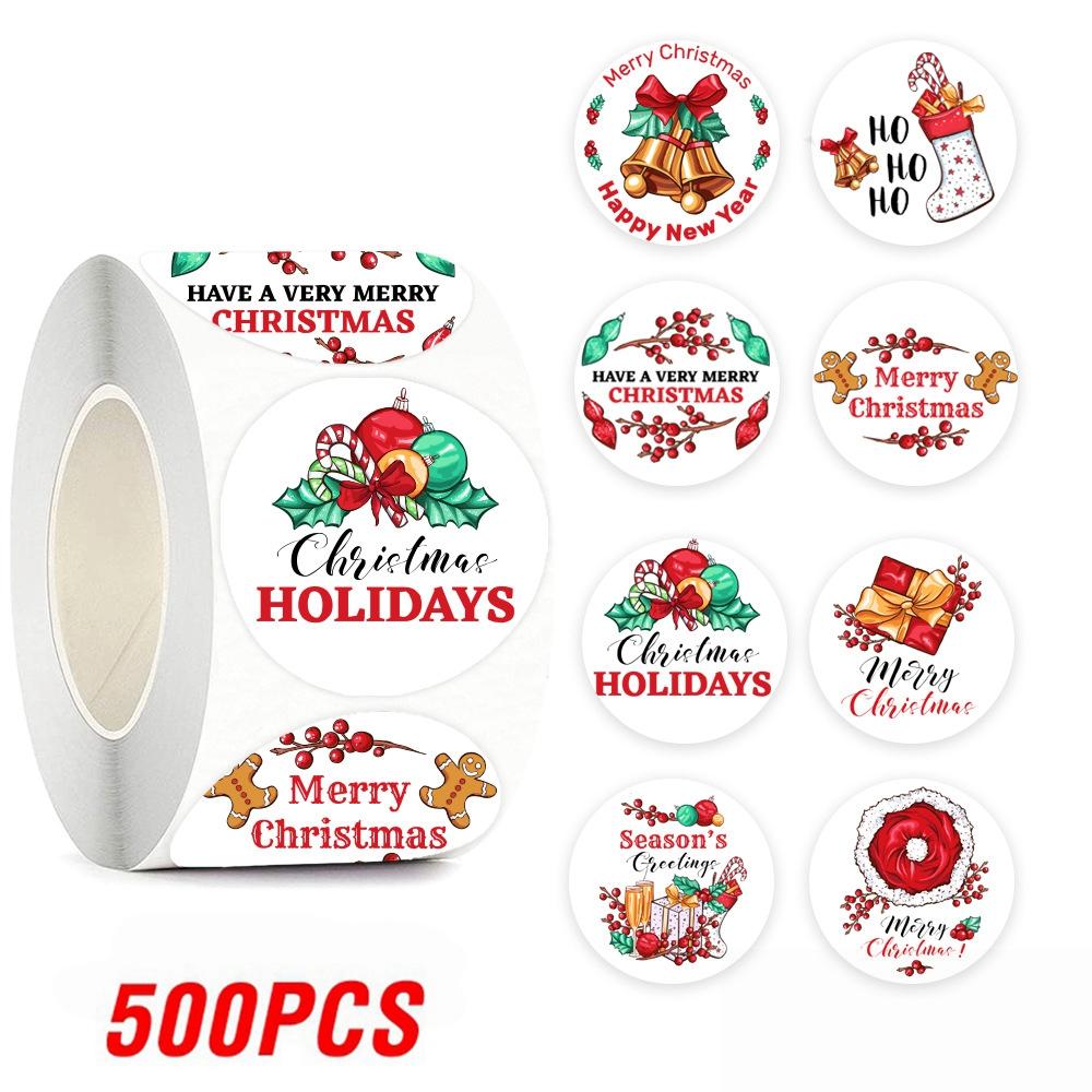 100-500pcs Merry Christmas Sticker , Round Adhesive Decoration Sticker for Cards Envelope Seal Xmas Gift Wraps Box Bags