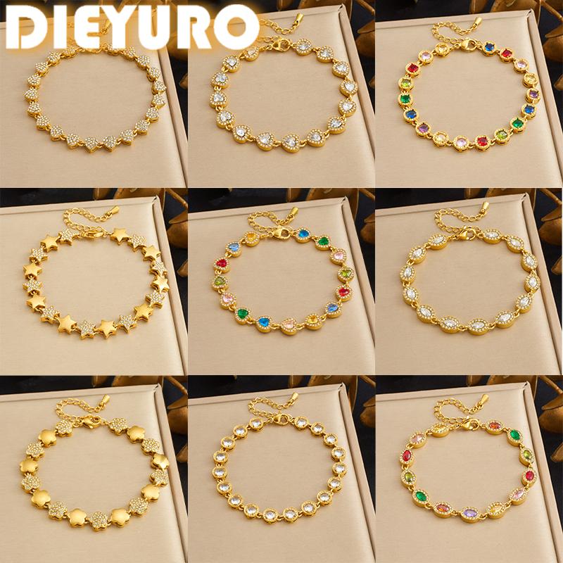 DIEYURO 316L Stainless Steel Colorful Zircon Heart Flower Bracelet For Women Fashion Luck Chain Gold Plated Waterproof Jewelry