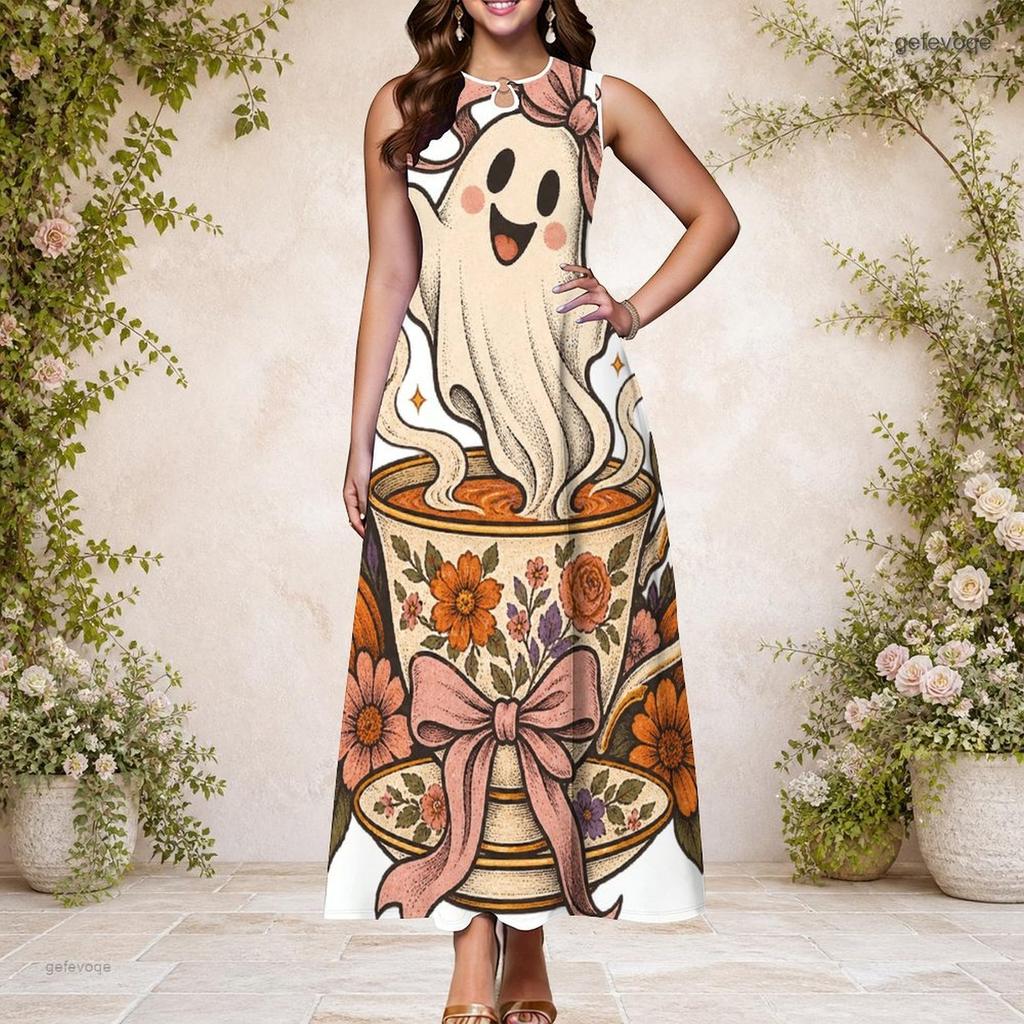 Women s Plus Size Sleeveless Keyhole Neck Halloween Ghost Pumpkin Printed White Long Dress