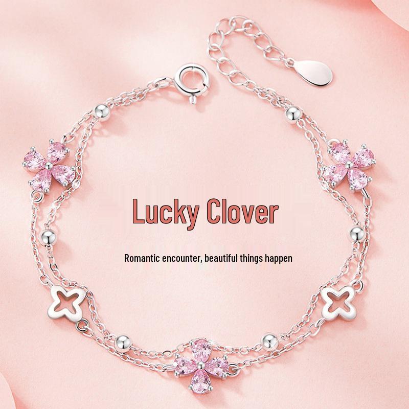Lucky Four-Leaf Clover Double-Layer Pink Bracelet - Cute, Luxurious Birthday Gift for Women