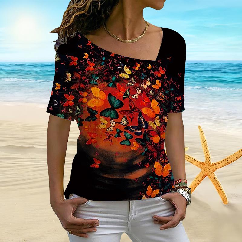 

Женская 3D-печать бабочек на озере, воротник нестандартной формы с цветущим фейерверком, низ с короткими рукавами, женская футболка 8XL красный