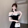 Summer new pink dress women's lace splicing bow waist skirt short skirt