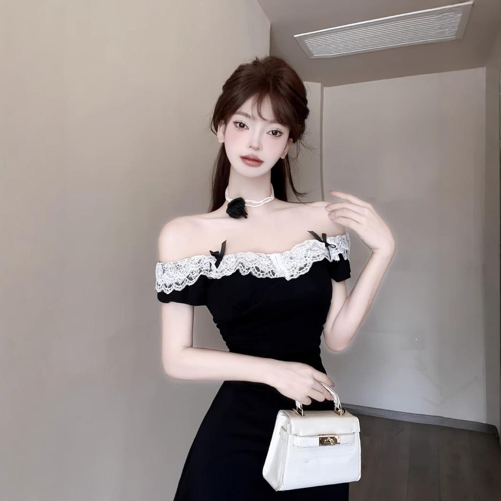 Summer new pink dress women's lace splicing bow waist skirt short skirt