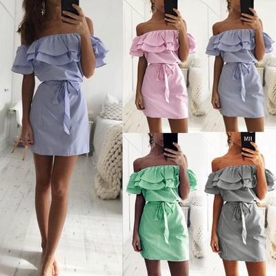 Damen Sommer Mini Kleid Trägerlos Rüschen Taillenband Kleider Locker Gestreift Strandkleid Sommerkleid