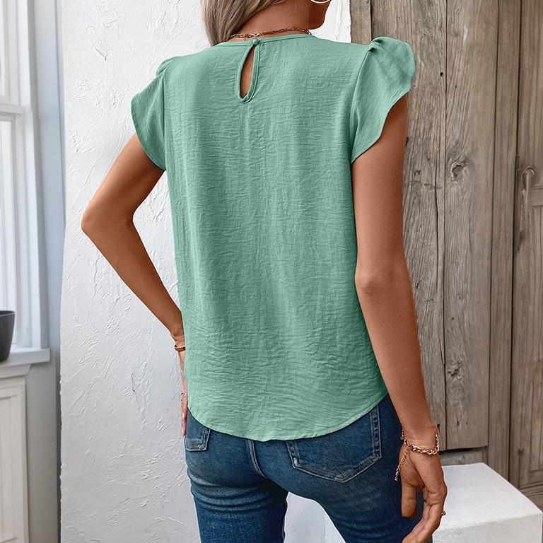 Casual Round Neck Pullover Short Sleeved T-Shirt Solid Color Leaf Sleeve Top For Women