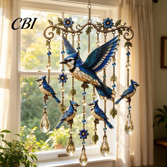 Yard Art for Outside Hummingbird Wind Chime, Chimes Outside, Stained Glass & Crystal Sun Catcher Hanging Bird Ornament Windchime, Colorful Decorations