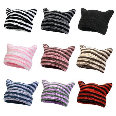 Women's Little Devil Ears Striped Wool Hat Cute Knitted Hat Casual Versatile Warm Pullover Hat