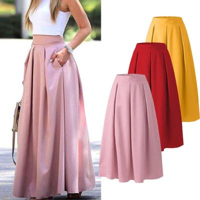 Women Skirt Loose Ankle Length High Waist A-line Pockets Match Top Solid