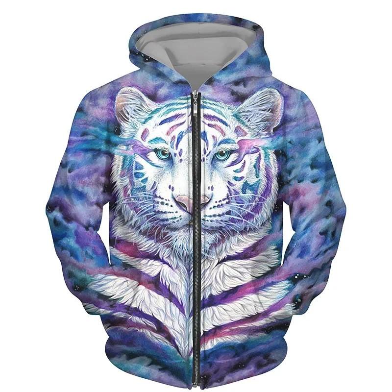 Tiger 3D Print Zip-Up Hoodie Youth Casual Loose Fit Winter Sweatshirt