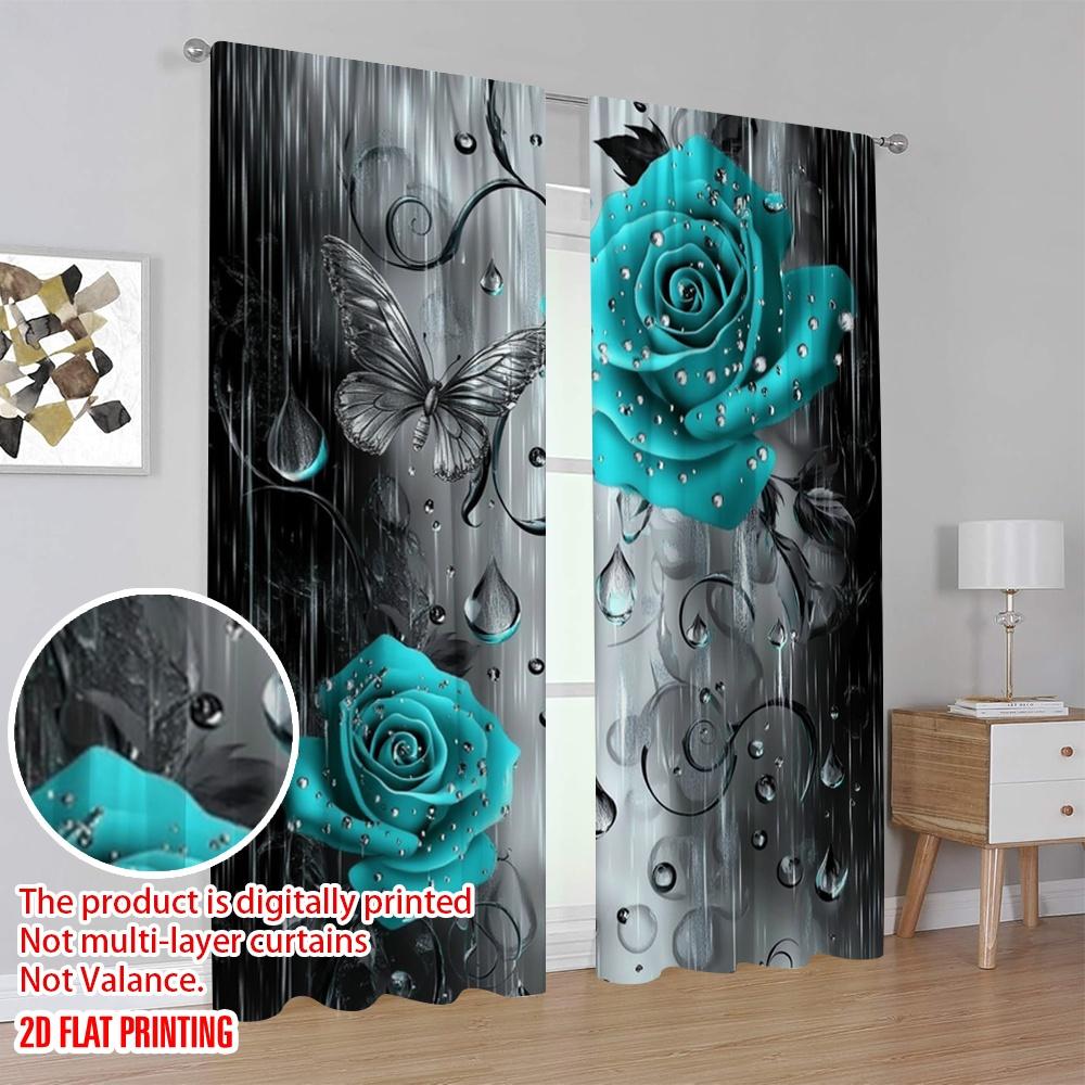 2pcs Window Drapes Turquoise Floral Raindrops Versatile Durable Polyester,Without Electricity Family Party Decoration for