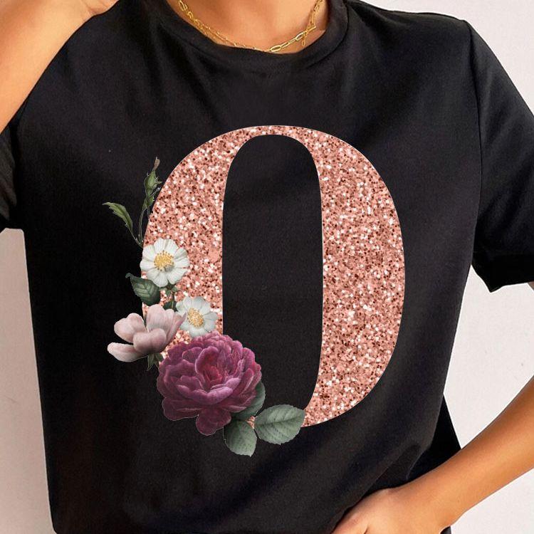 

Custom Name Letter Combination Tops Fashion Women T-Shirt Rose Gold Letter Font A B C D Short Sleeve Tops Black T-Shirt Clothing XXXL білий
