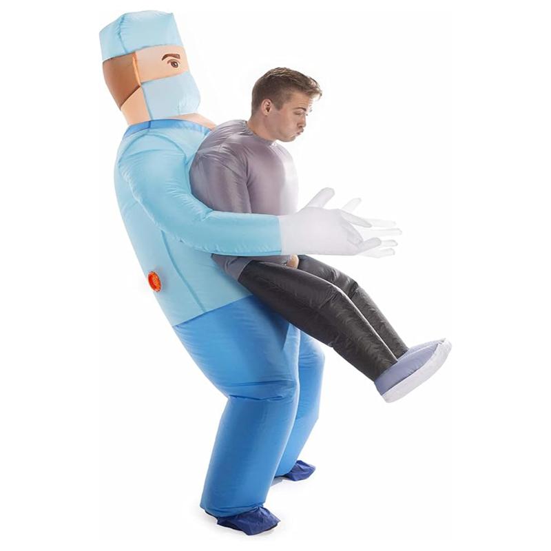 Doctor holding a person funny inflatable costume, adult