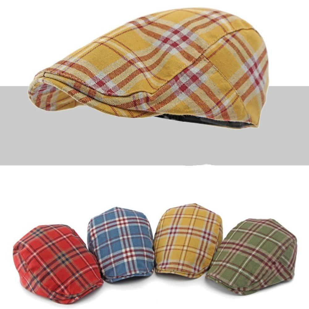 Large Head Girth Vintage English Hat Keep Warm Yellow Tartan Beret Clothes Accessories