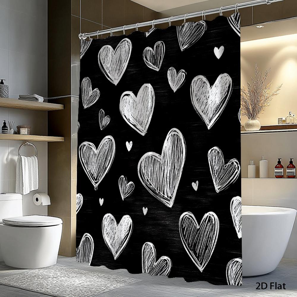 1Pc Black And White Heart-Patterned Shower Curtain, Polyester Fabric, Machine Washable, Suitable For Bathroom Dcor.