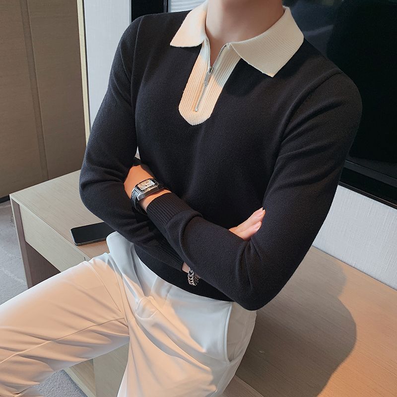Trendmode Frühling Herbst Neue Pullover Herren Revers Halber Reißverschluss Kontrastfarbe Lässig Locker Langarm Überzieher Strickoberteile