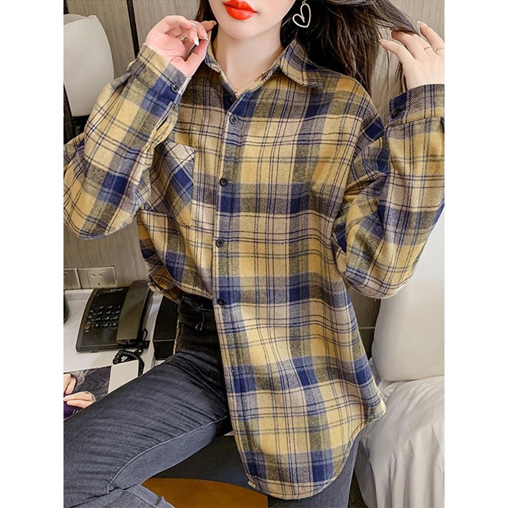 Women Thick Plush Warm Plaid Shirts Vintage Pocket Loose Blouse Autumn Winter Female Casual Korean Long Sleeve Tops