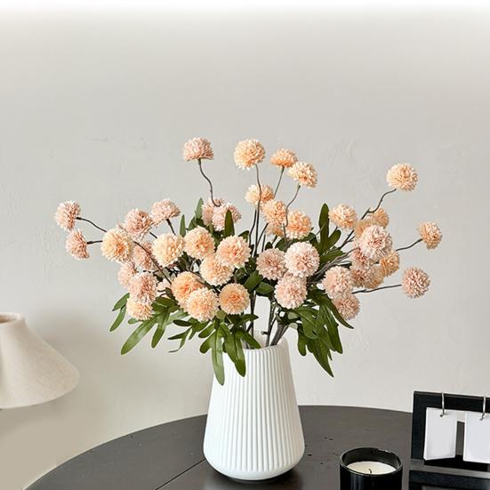 Artificial Pompon Mum, 5 Heads Faux Mini Chrysanthemums Ball, Small Fake Flower Stem for Vase Filler, DIY Bouquet, Autumn Table Centerpiece, Flower