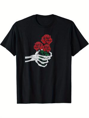 Męska koszulka z graficznym nadrukiem szkieletu trzymającego czerwone róże, bawełniany T-shirt z okrągłym dekoltem, na co dzień