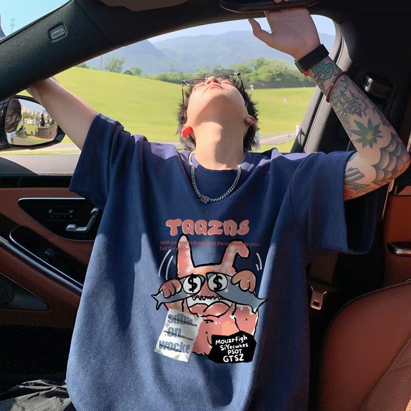 Men's Black Cartoon Monster Dollar Eye Print Oversized Short Sleeve T-Shirt Casual Streetwear Top