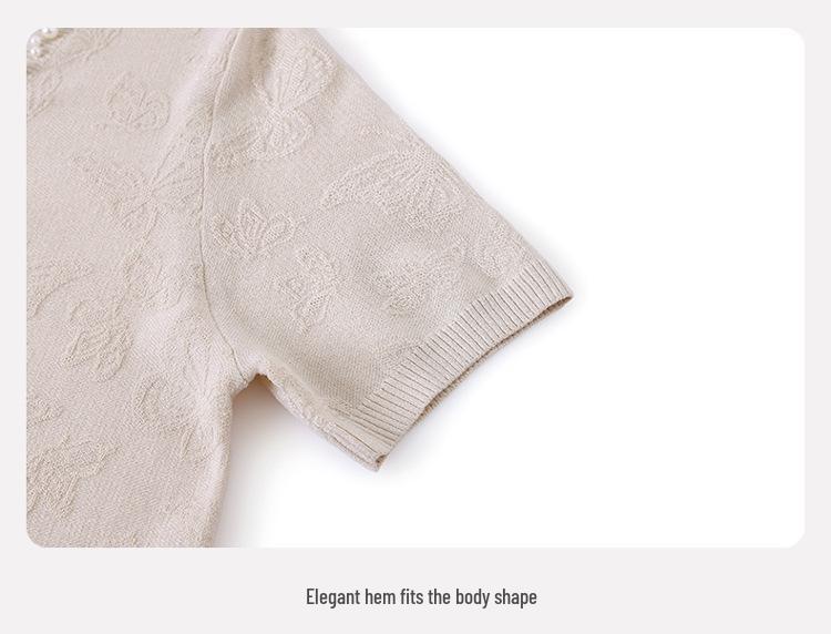 Elegant Lace Embroidery Knit Top - Short-Sleeved Ice Silk Blouse for Middle-Aged Women