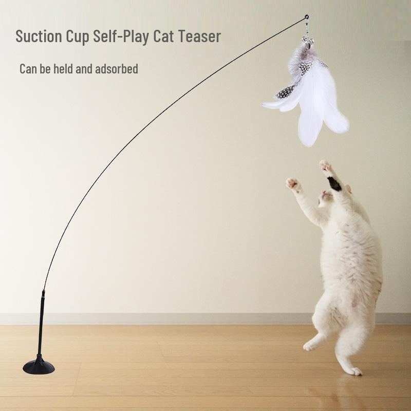 Strong Suction Cup Cat Teaser Wand: Detachable Long Rod with Feather, Bell, and Self-Play Interactive Toy